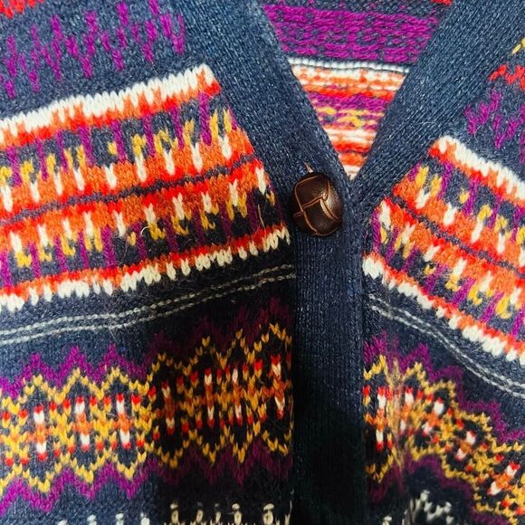 H&M L.O.G.G. Navy Blue Multicolor nordic sweater cardigan Sz S Grandpa Patch Elb - Picture 6 of 10